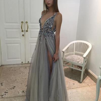 Sexy Deep V-neck High Split Long Prom Dress,Grey Tulle Prom Dress,Beading Prom Dress With Appliques,Formal Evening/Party Gowns 2017