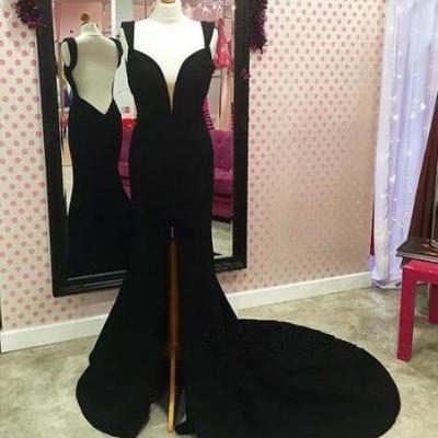 Black Sleeveless Plunging V Mermaid Long Prom Dress, Evening Dress Featuring Open Back, Front Slit