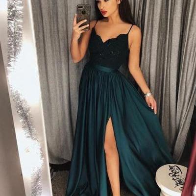 Dark Green Prom Dresses,Prom Dresses 2018,A Line Evening Gowns,Women Formal Dress,Spaghetti Straps Party Gowns