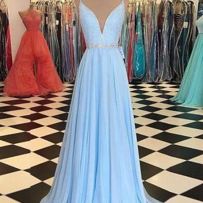 Sky Blue V Neck Prom Dresses 2018 Floor Length Evening Gowns Women Formal Party Dress