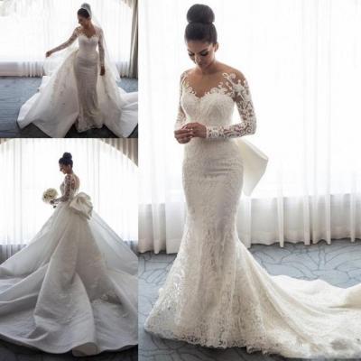 Vintage Lace Wedding Dresses,Mermaid Wedding Dress 2019,Long Sleeve Bridal Gowns,Detachable Train Wedding Dress