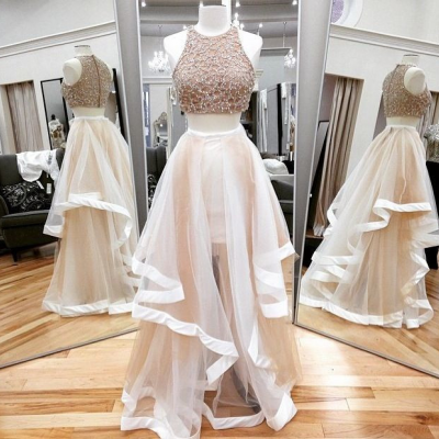 Champagne beading tulle long evening dress,champagne formal women dress,wedding party dress,long prom dress,two pieces dress