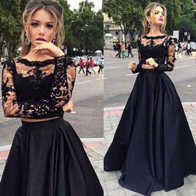 New 2016 Black Long Sleeves Prom Dress,Two Pieces Prom Dress,Two Pieces Evening Dress,Formal Women Dress,Wedding Party Dress