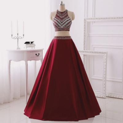 2017 New Burgundy Prom Dress,Handmade Beading Satin Two Pieces Long Prom Dress,Burgundy Evening Gown