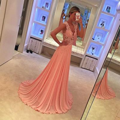 2017 Pink Sexy V-Neck Appliqued Chiffon A-Line Long Prom Dresses Custom Made Women Evening Gowns