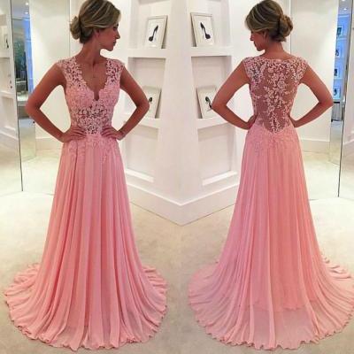 Pink Lace Beading V-Neck Chiffon A-Line Long Prom Dress,Custom Made Formal Evening Dress