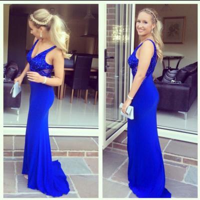 Royal Blue Sexy V-Neck Mermaid Long Prom Dresses Custom Made A-Line Satin Formal Evening Gowns 2017