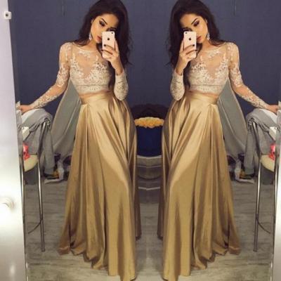 Sexy Long Sleeves Formal Dresses,Custom Two Pieces Champagne Prom Dresses 2017