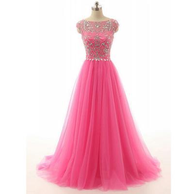 2017 High Quality Formal Dresses,Handmade Beading Tulle Long Prom Dresses,Charming Pink A-line Evening Gowns