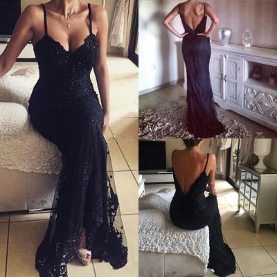 2017 Charming Appliqued Tulle Long Prom Dresses,Black Prom Dresses,Mermaid Prom Dresses