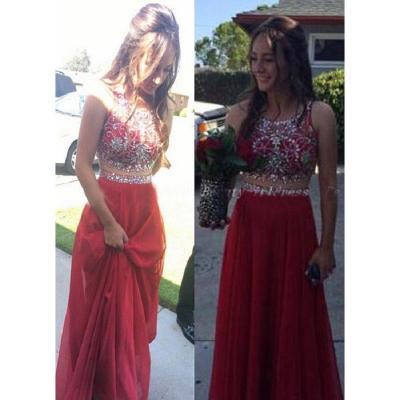 Red 2 Piece Prom Dresses 2017,Beading Tulle Formal Women Evening Gowns