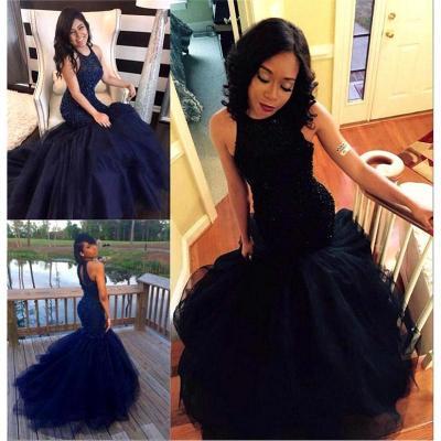 Black Mermaid Long Prom Dresses,2017 New Evening Formal Dresses,Tulle Prom Dress