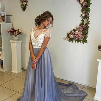 Lace Sweep Train Prom Dress,A-line Chiffon Evening Dress,Custom Made Sexy Backless Prom Dress 2017