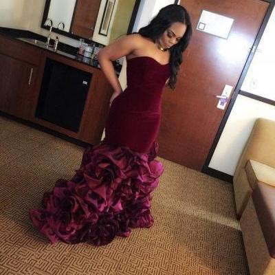 Burgundy Mermaid Prom Dresses Long 2017 Modest Ruffle Formal Evening Gowns