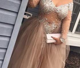 Lace Sleeves Prom Dress,long Prom Dress,Round Neck Long Prom Dresses