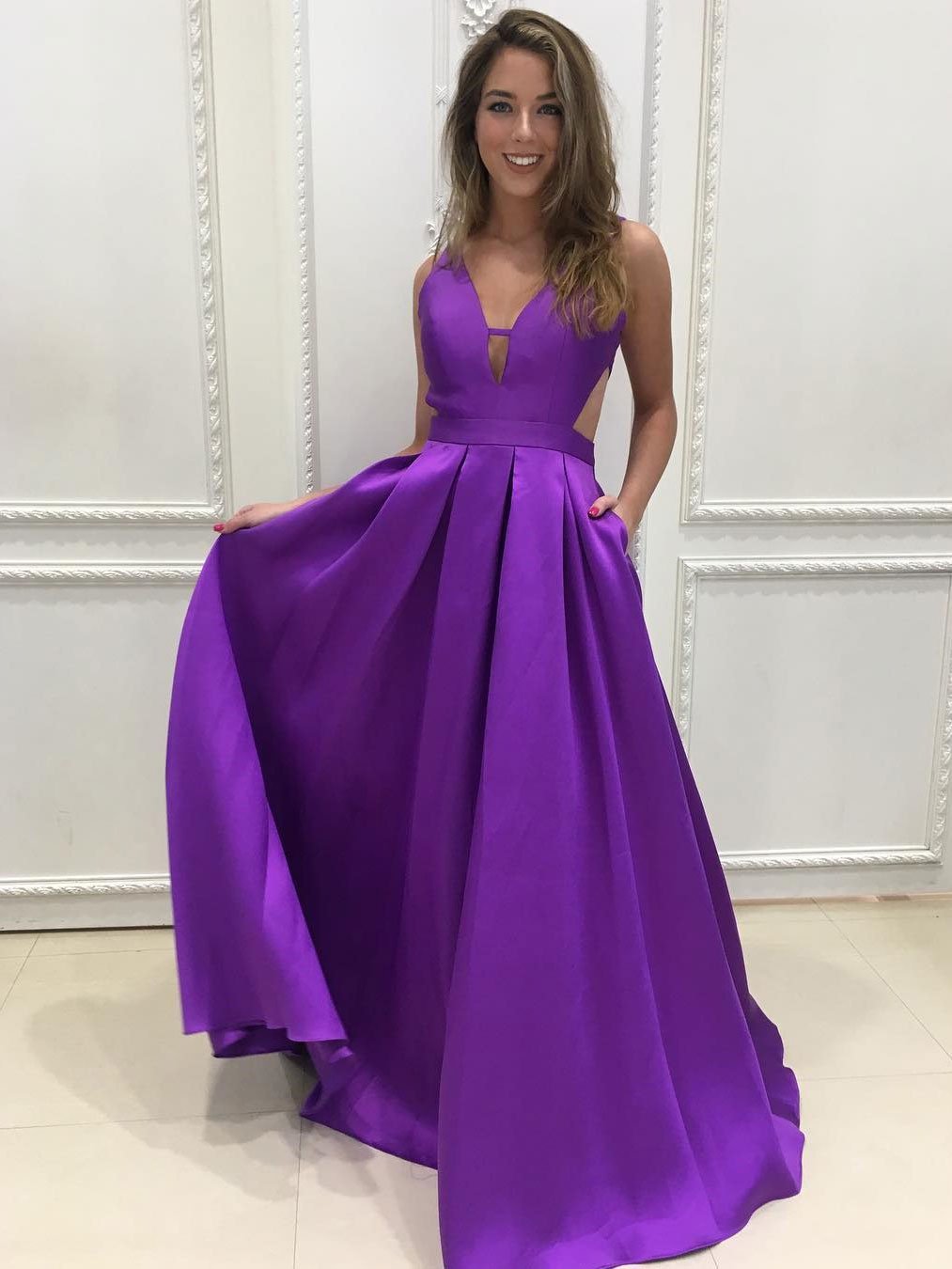 purple a line prom dress