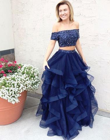 two piece off shoulder prom dress