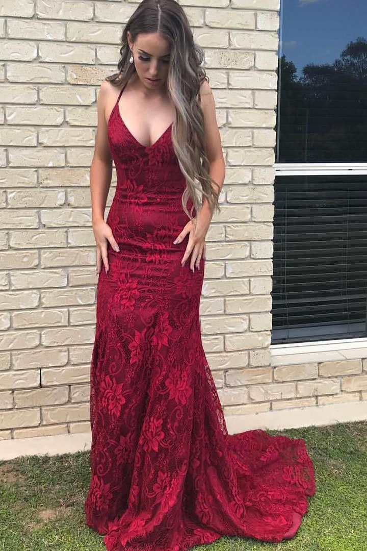 maroon lace formal dress