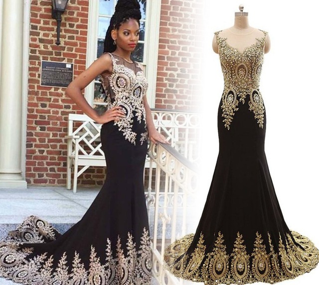 New Design Black Long Prom Dresses 2016 O Neck Sleeveless Mermaid Floor Length Gold Appliques New Evening Dress