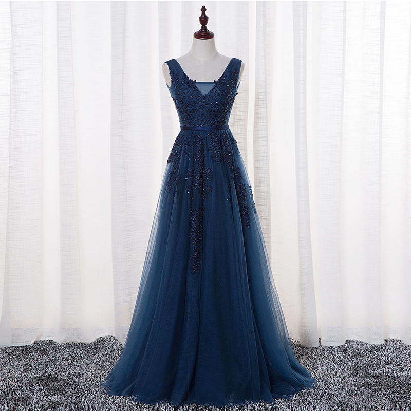 Beautiful Blue Long A-line V-neck Beading Evening Dress With Ruffles