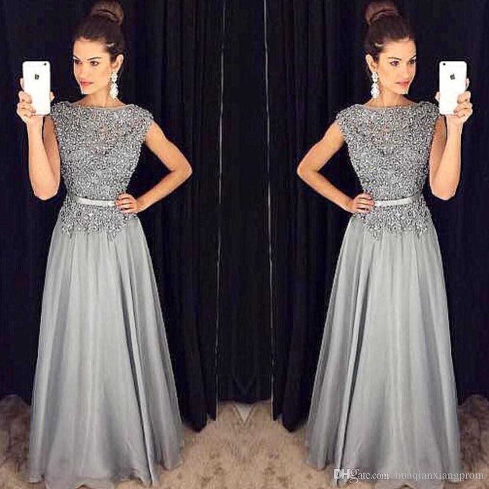Sexy Grey Evening Gowns Custom Made Beading Long A Line Prom Dresses