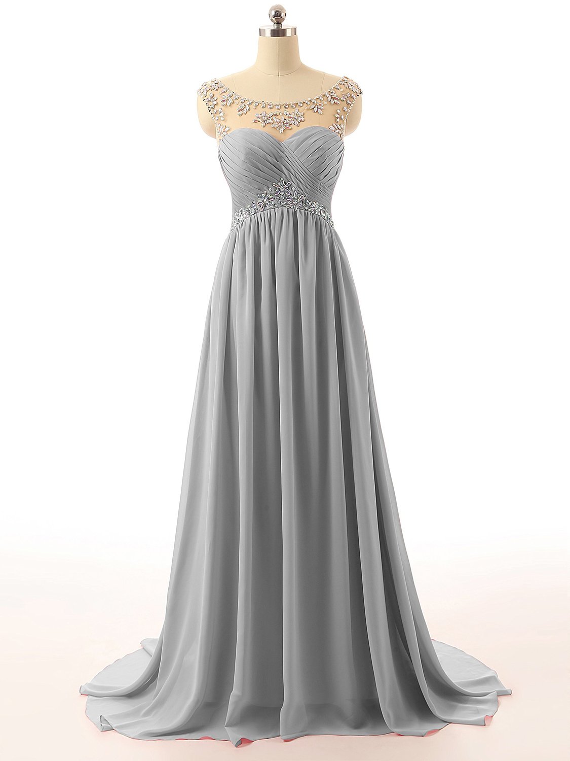 Light Grey Floor Length Aline Chiffon Prom Dress With Beaded