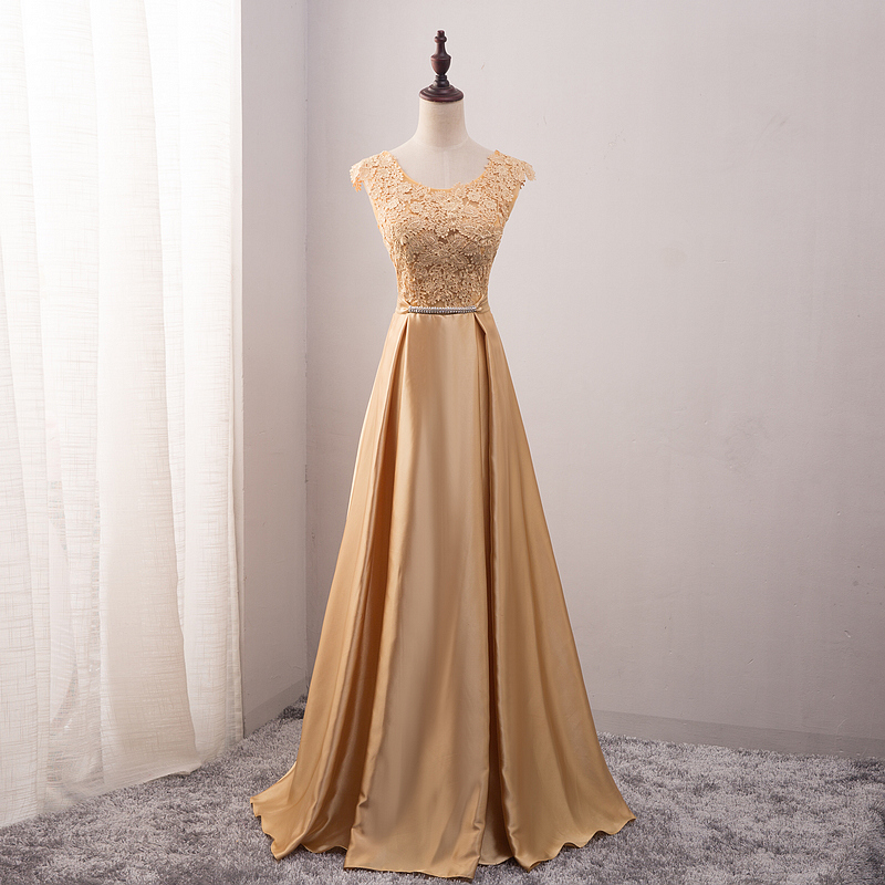 Gold Scoop Neck Prom Dresses Long 2017 Formal Evening Dress Party