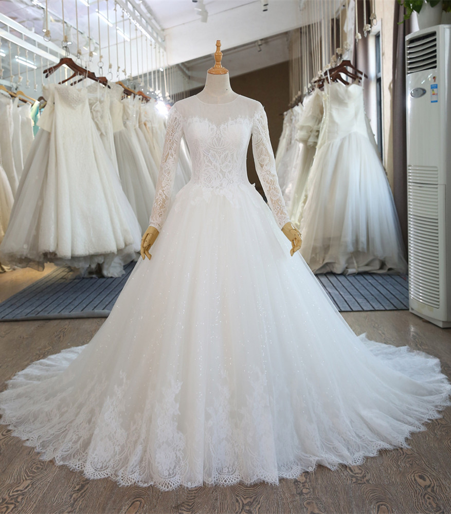 Elegant Long Sleeves Lace Ball Gown Wedding Dresses Sheer Tulle Bridal ...