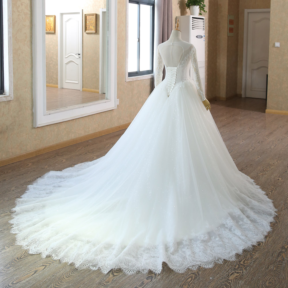 Elegant Long Sleeves Lace Ball Gown Wedding Dresses Sheer Tulle Bridal ...