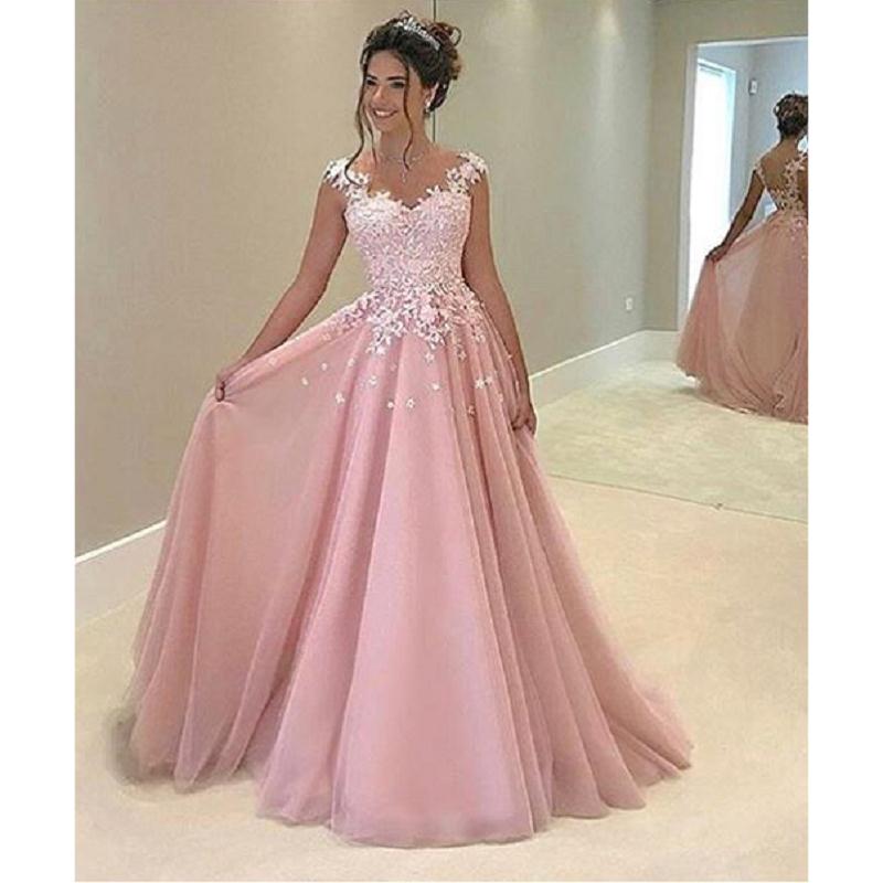 Pretty Pink Appliques Tulle Aline Long Prom Dress,Custom