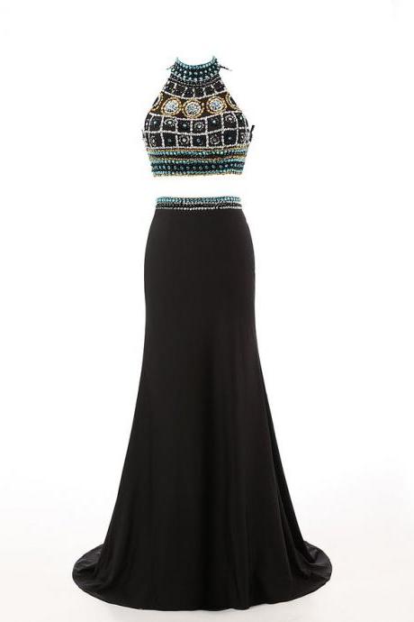 Floor Length Two-pieces Dress Featuring Beaded Embellished Halter Neck Crop Top And Cutoutback