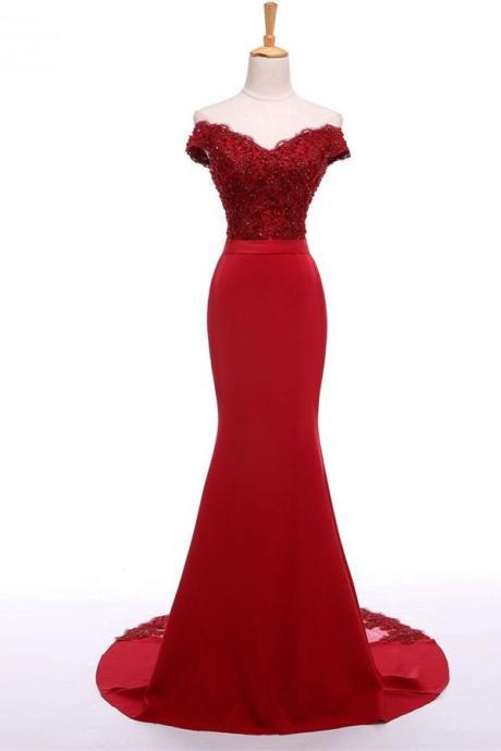 Red Lace Appliques Off-the-shoulder Plunge V Floor Length Satin Mermaid Prom Dress Featuring Sweep Train, Evening Dress