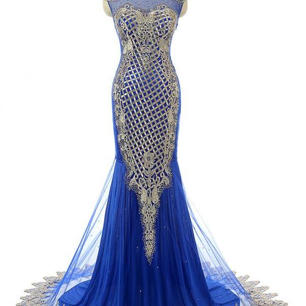 Royal Blue Prom Dresses Mermaid 2017 Sheer Imported Party Dress Formal ...