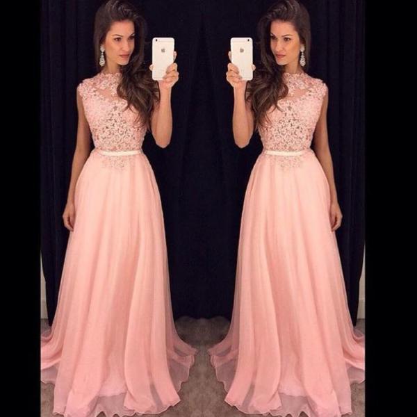 Blush Pink Prom Dresses Lace 2018 High Neck Formal Evening Dresses Long ...