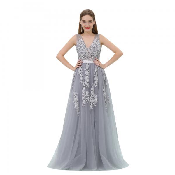 Silver Grey Prom Dresses,v Neck Prom Dress,formal Dresses,evening Dress ...