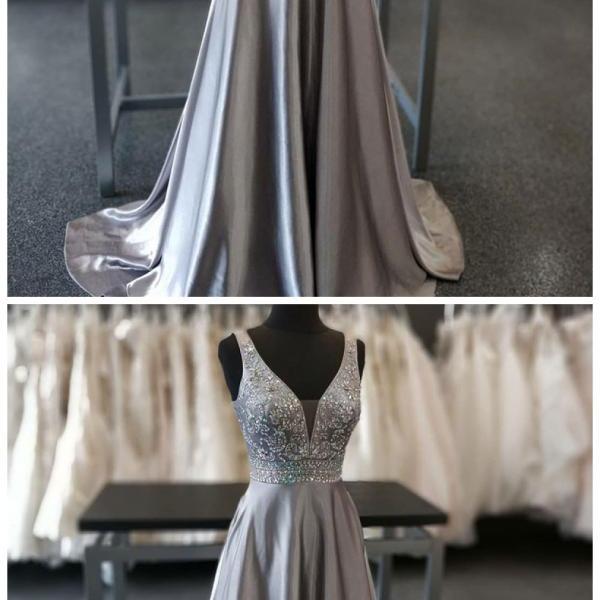 Real Photos Prom Dresses,silver Grey Prom Dress,beaded Evening Gowns,v ...