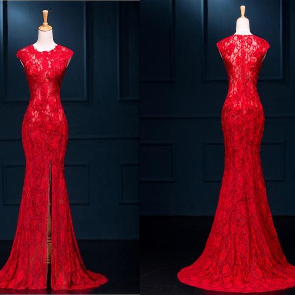 Red Long Lace Prom Dress,l..