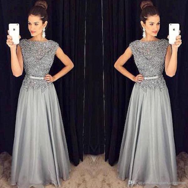 Sexy Grey Evening Gowns Custom Made Beading Long A-line Prom Dresses ...