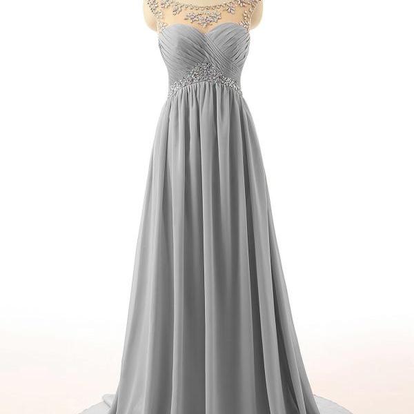 Light Grey Floor Length A-line Chiffon Prom Dress With Beaded ...