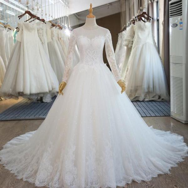 Elegant Long Sleeves Lace Ball Gown Wedding Dresses Sheer Tulle Bridal ...