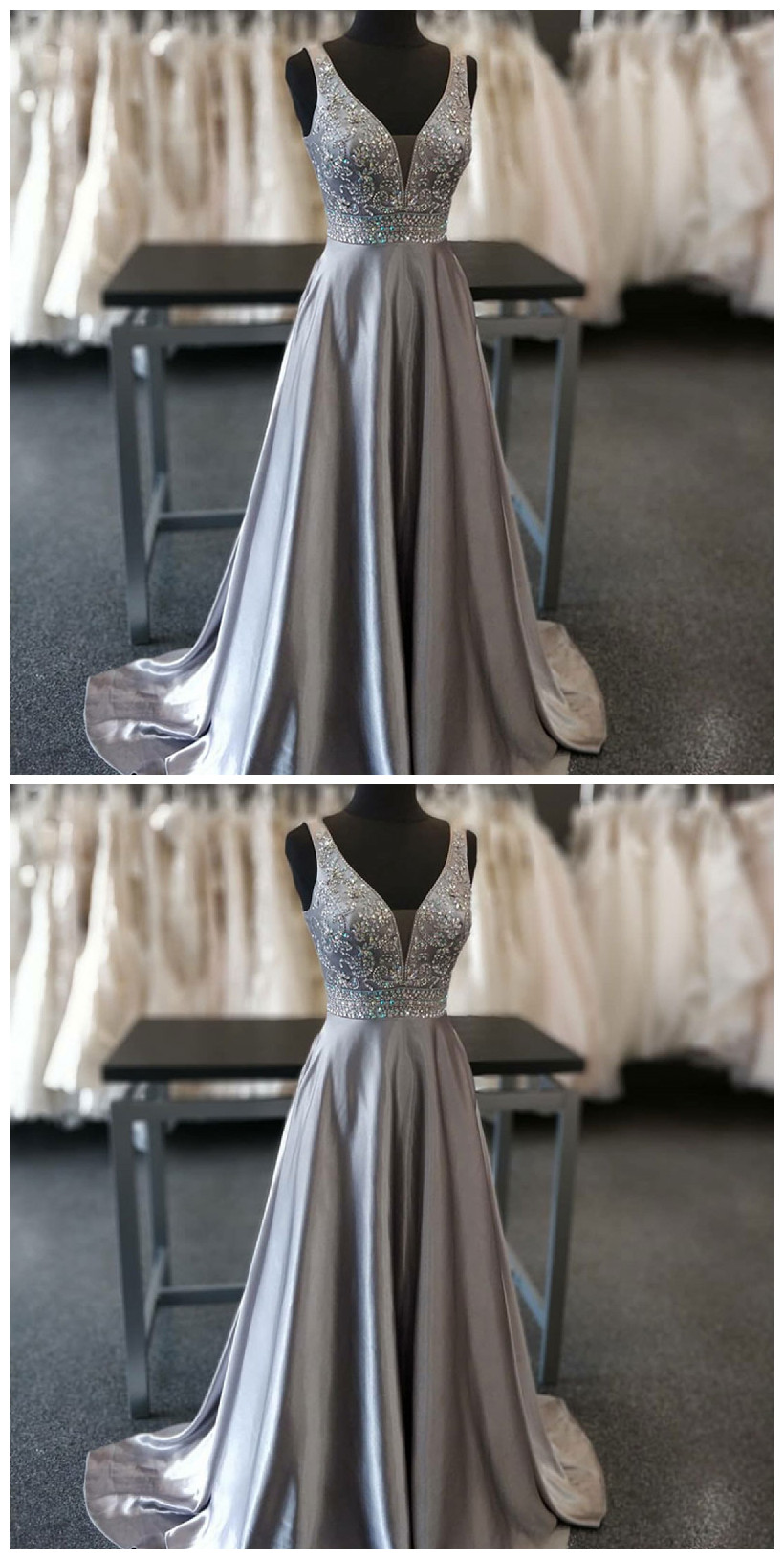 Real Photos Prom Dressessilver Grey Prom Dressbeaded Evening Gownsv Neck Formal Dressspecial 