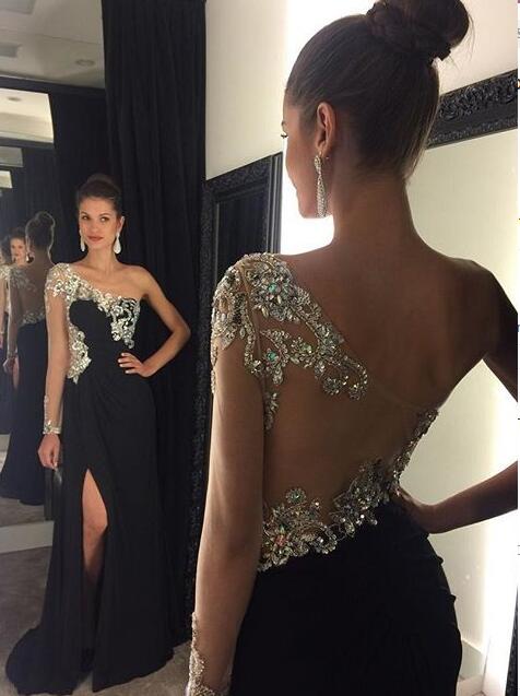 One Shoulder Black Prom Dress Black Long Prom Gown Sexy Black Beading