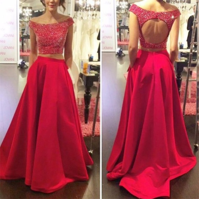 Sexy Beaded Scoop Red Two Piece Long Prom Dresses 2016 Vestidos De Gala ...