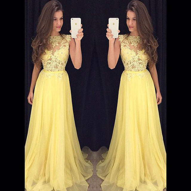 Pretty Cap Sleeves Yellow Applique Beading Chiffon Long Prom Dresses