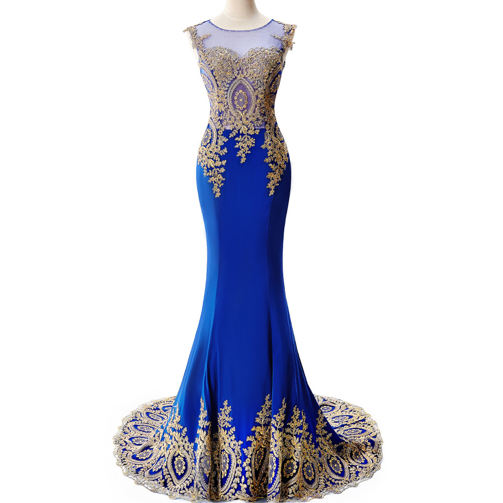 Royal Blue Mermaid Prom Dresses Long 2017 Appliqued Illusion Party ...