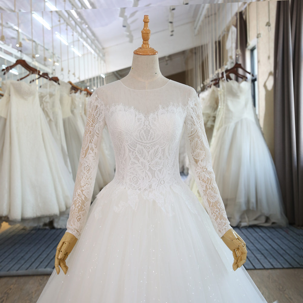Elegant Long Sleeves Lace Ball Gown Wedding Dresses Sheer Tulle Bridal ...