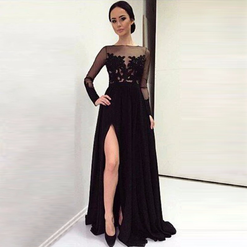 2017 High Split Prom Dress Black Long Sleeves Prom Dress Beading And ...